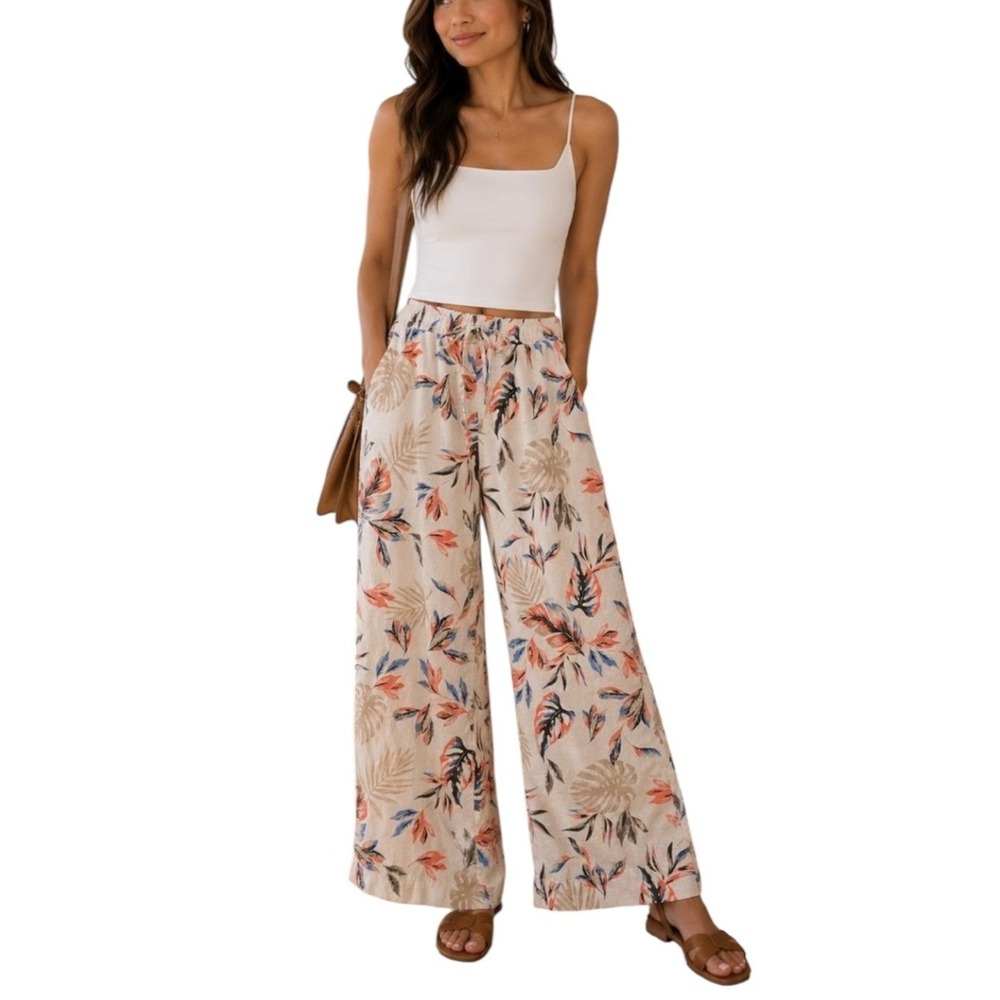 Briggs Coastal Tropical Tan Floral Linen Blend Wide Leg Pants Women's Large NWT